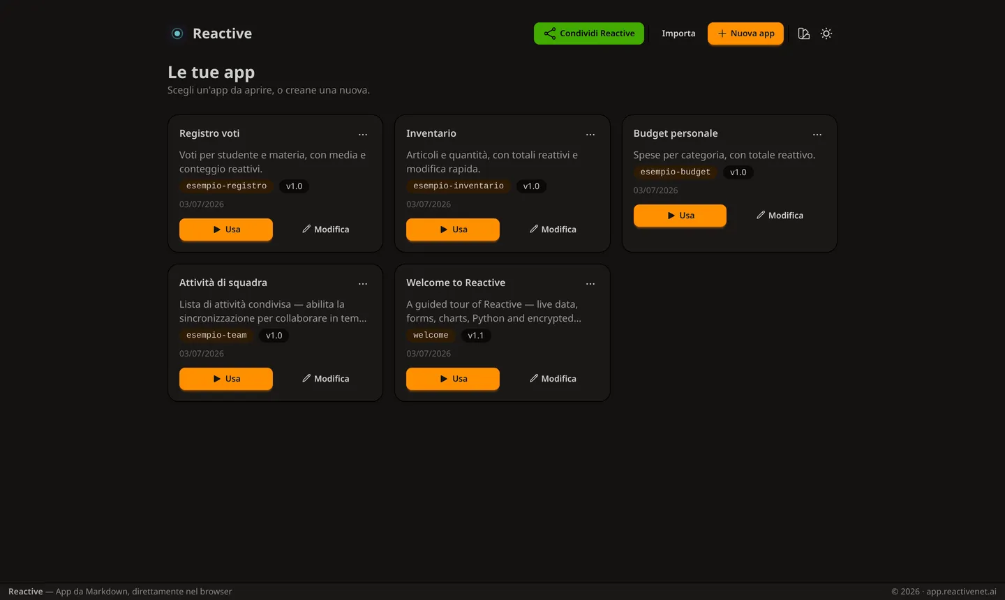 La libreria di Reactive con le app salvate